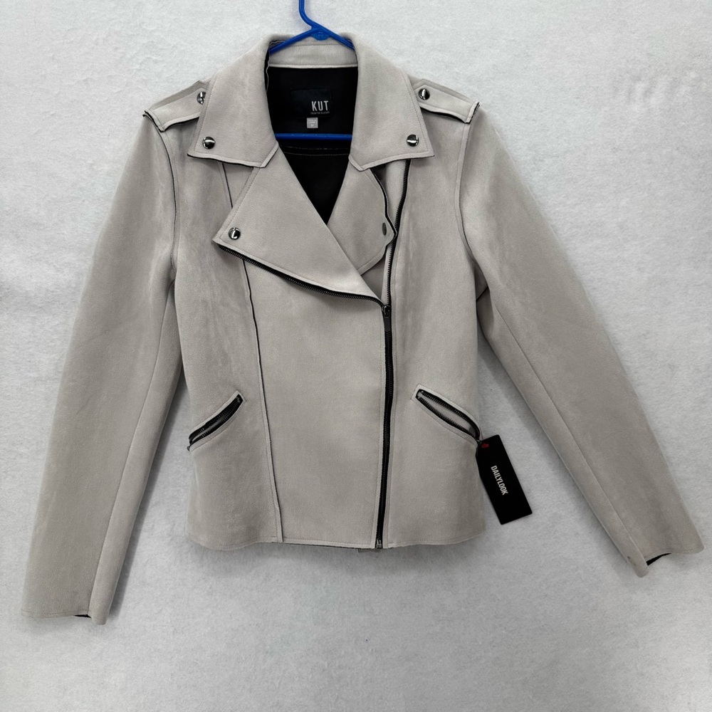 NWT KUT from the Kloth’s Haddie Faux Suede Scuba Moto Jacket Light Grey Medium